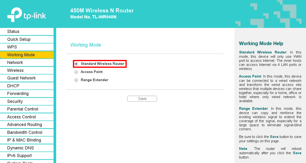 Working Mode, Standard Wireless Router
